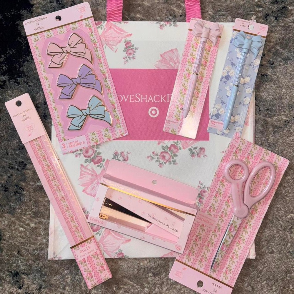 LoveShackFancy x yoobi pink stationery set with floral designs with tote baG
